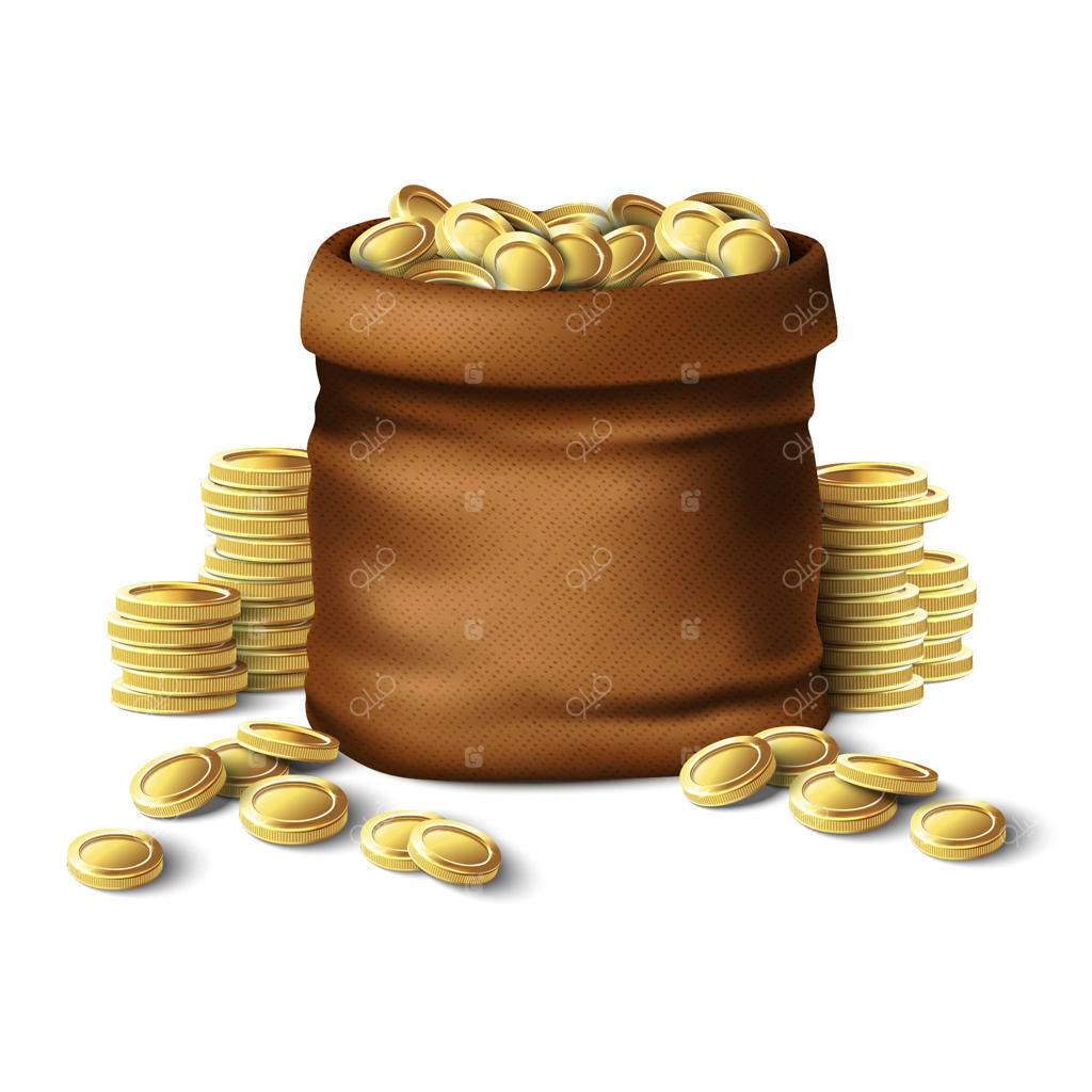 کیسه قهوه‌ای با سکه‌های طلایی. تصویر بر روی زمینه سفید.