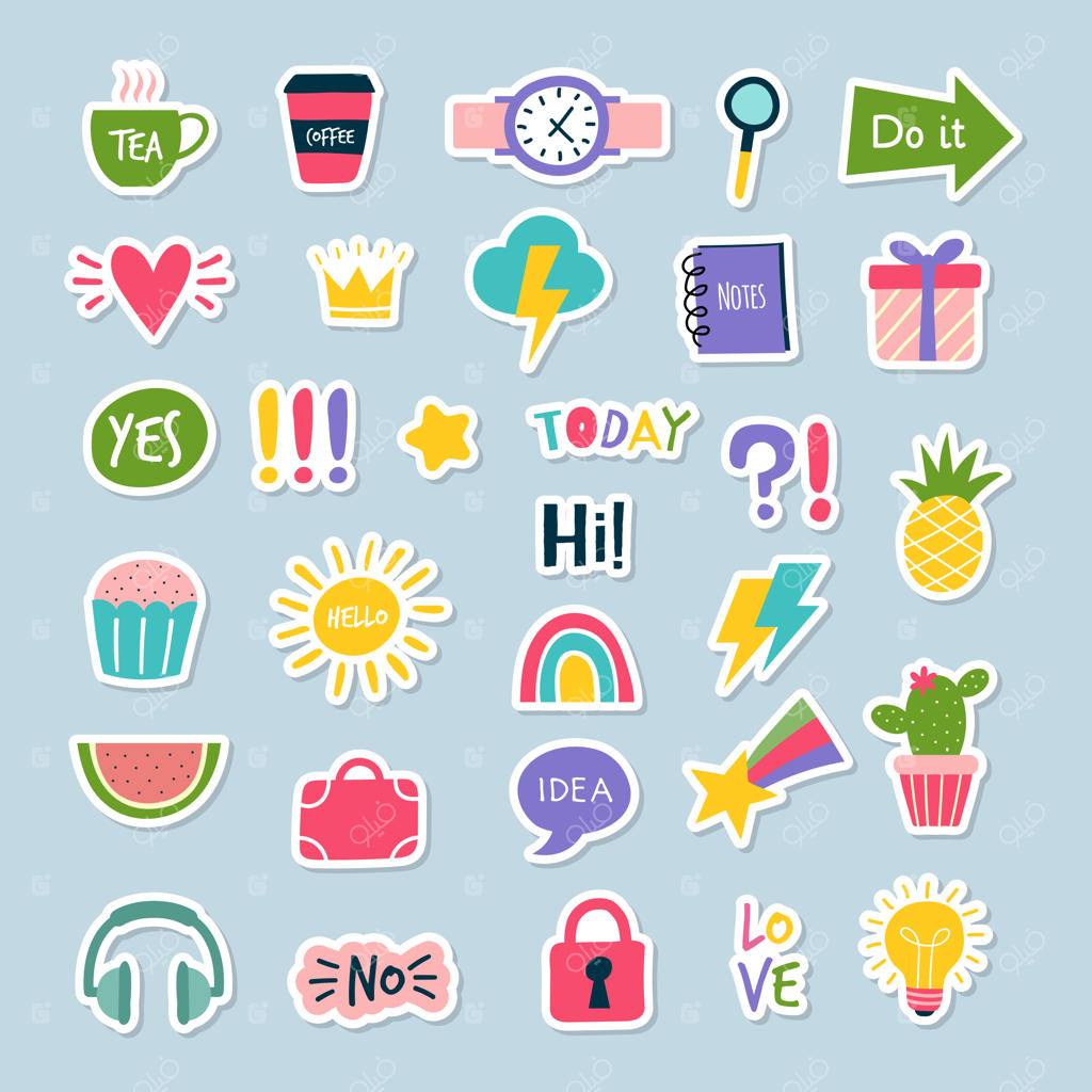 برنامه‌ریزی روزانه دفترچه یادداشت استیکرهای شیک: تصاویر یادآوری، فنجان قهوه، رنگین‌کمان، اعداد و حروف، کلمات مختلف و نقل‌قول‌ها به همراه آخرین تصاویر وکتور