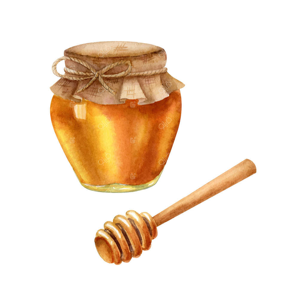 شیشه عسل و قاشق چوبی روی زمینه سفید - تصویرسازی آبرنگی مواد غذایی