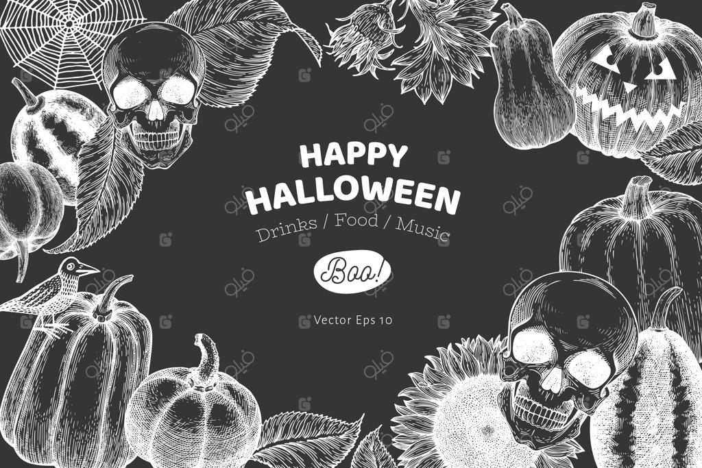 قالب بنر هالووین: طرح‌های دست‌کشیده روی تخته سیاه