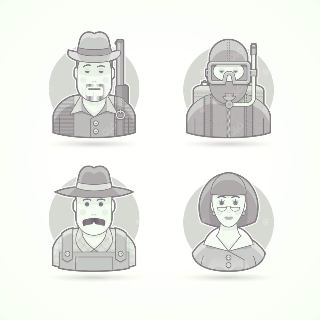 شکارچی، غواص، کشاورز روستایی، معلم زن. مجموعه‌ای از شخصیت‌ها، آواتارها و تصاویر افراد. سبک خطی سیاه و سفید.