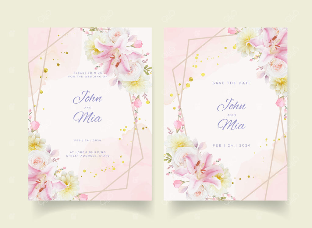 دعوتنامه عروسی با گل‌های آبرنگی رز، لیلیوم و کوکب