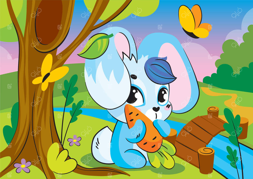 خرگوش کوچکی زیر درخت در کنار یک پل و رودخانه نشسته و هویج‌ دارد