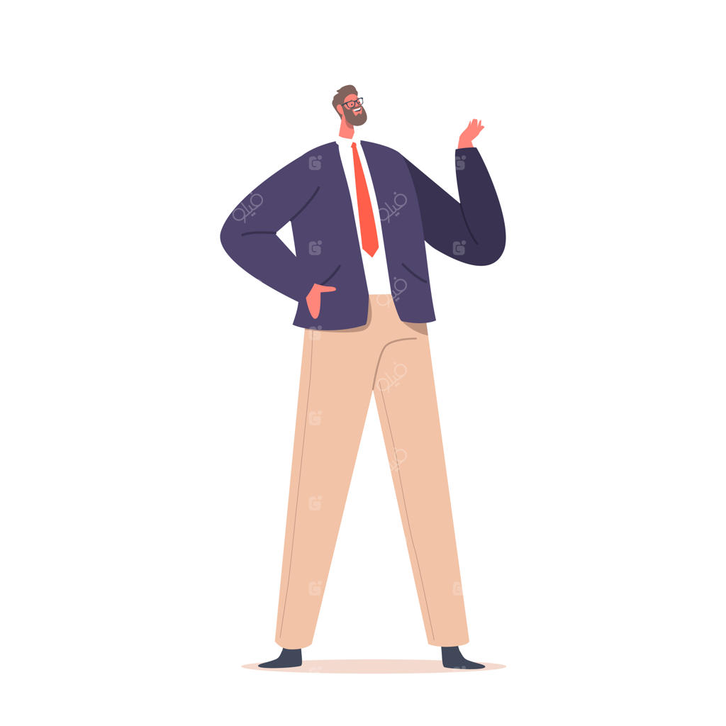 مرد با لباس رسمی، شخصیت تجاری یا سیاستمدار، در حال صحبت و ژست‌گیری با کت و شلوار