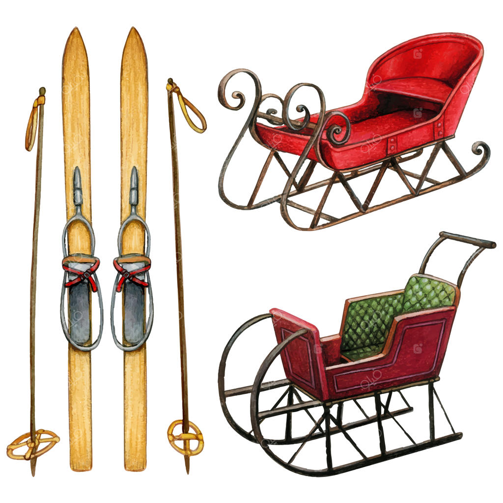 نقاشی آبرنگی دست‌ساز از چوب اسکی‌ و سورتمه قدیمی