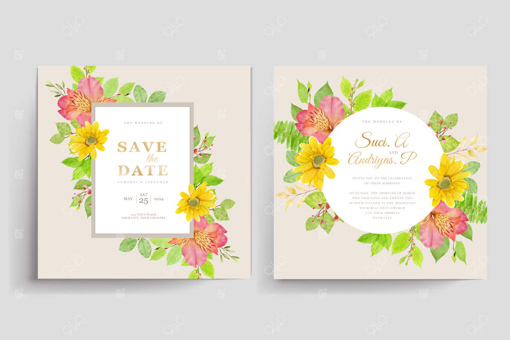 مجموعه کارت دعوت عروسی با طراحی دستی گل‌های رز زیبا