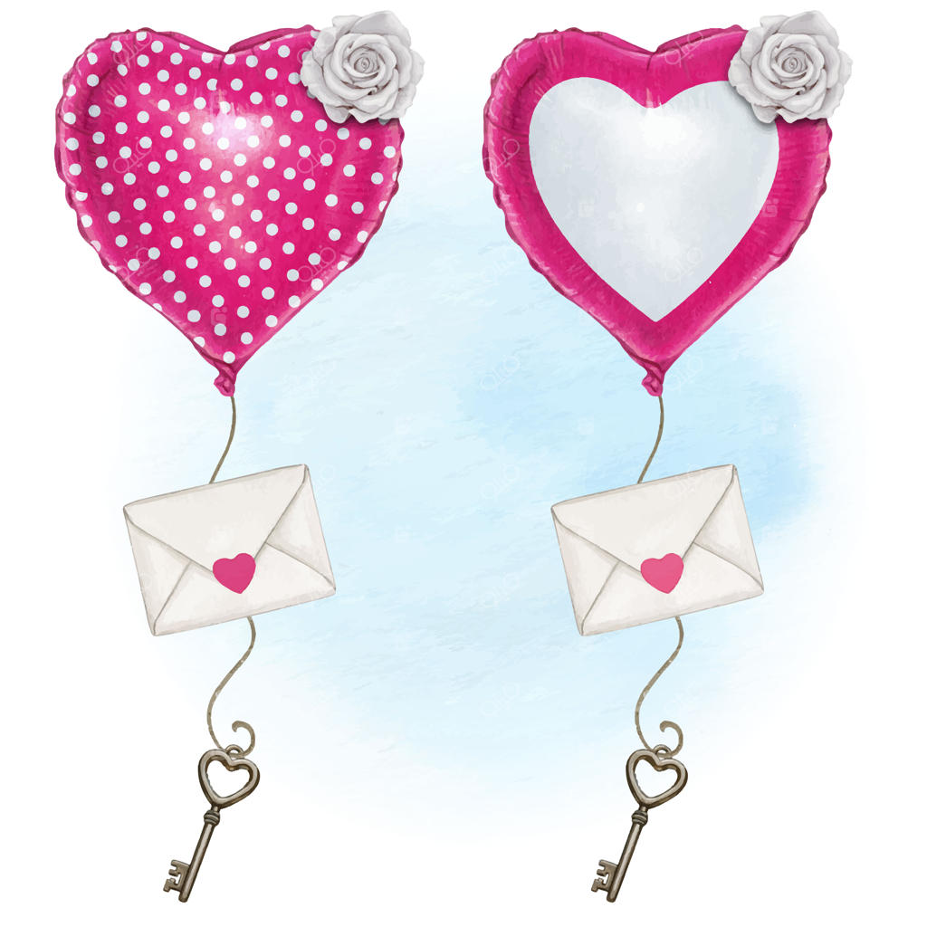 بادکنک قلبی آبرنگی با پاکت عشق و کلید قلبی