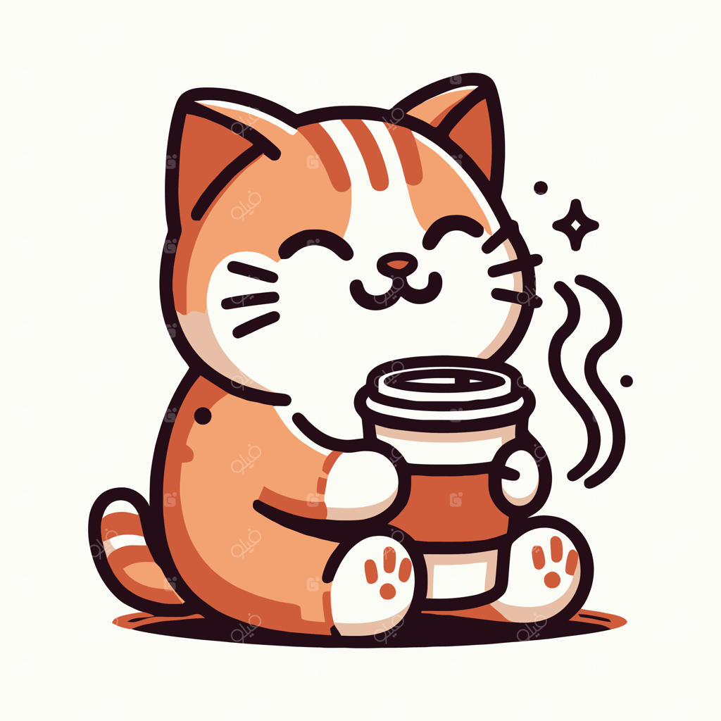 تصویر بامزه و دلنشین از گربه با فنجان قهوه گرم و چهره خندان برای برندینگ کافه و آرامش