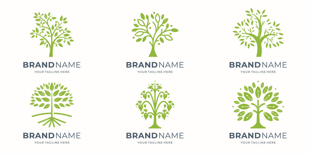 طراحی مجموعه آیکون لوگوی درخت: قالب نمادهای طبیعی گیاهان باغ. مجموعه نشان تجاری درخت زندگی با شاخه و برگ‌ها.