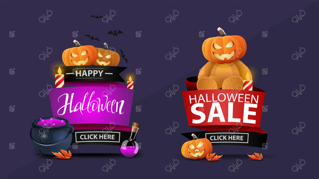 فروش ویژه هالووین: دو بنر تخفیف با نوارهای روبانی و تصاویر کدو تنبل جک، دیگ سحرآمیز و برگ‌های افرا