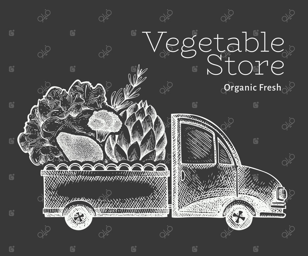 تحویل از فروشگاه سبزیجات سبز. تصویرسازی کامیون پر از سبزیجات به سبک نقش‌برجسته و قدیمی.