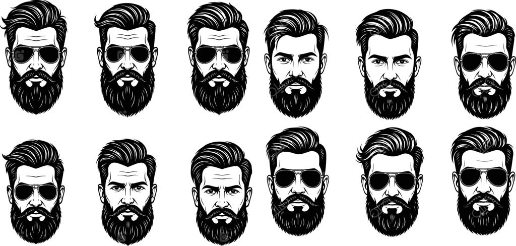 چهره مردان با ریش، سبیل و عینک آفتابی، مدل موهای متنوع، تصویرسازی خطی