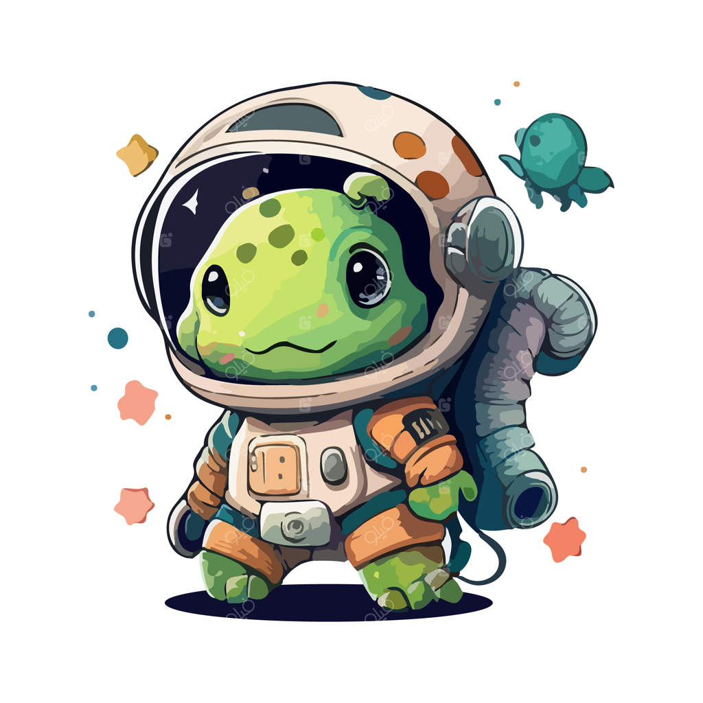 کارتون جذاب لاک‌پشت فضانورد با تصویر برداری، پس‌زمینه سفید، فناوری حیوانات