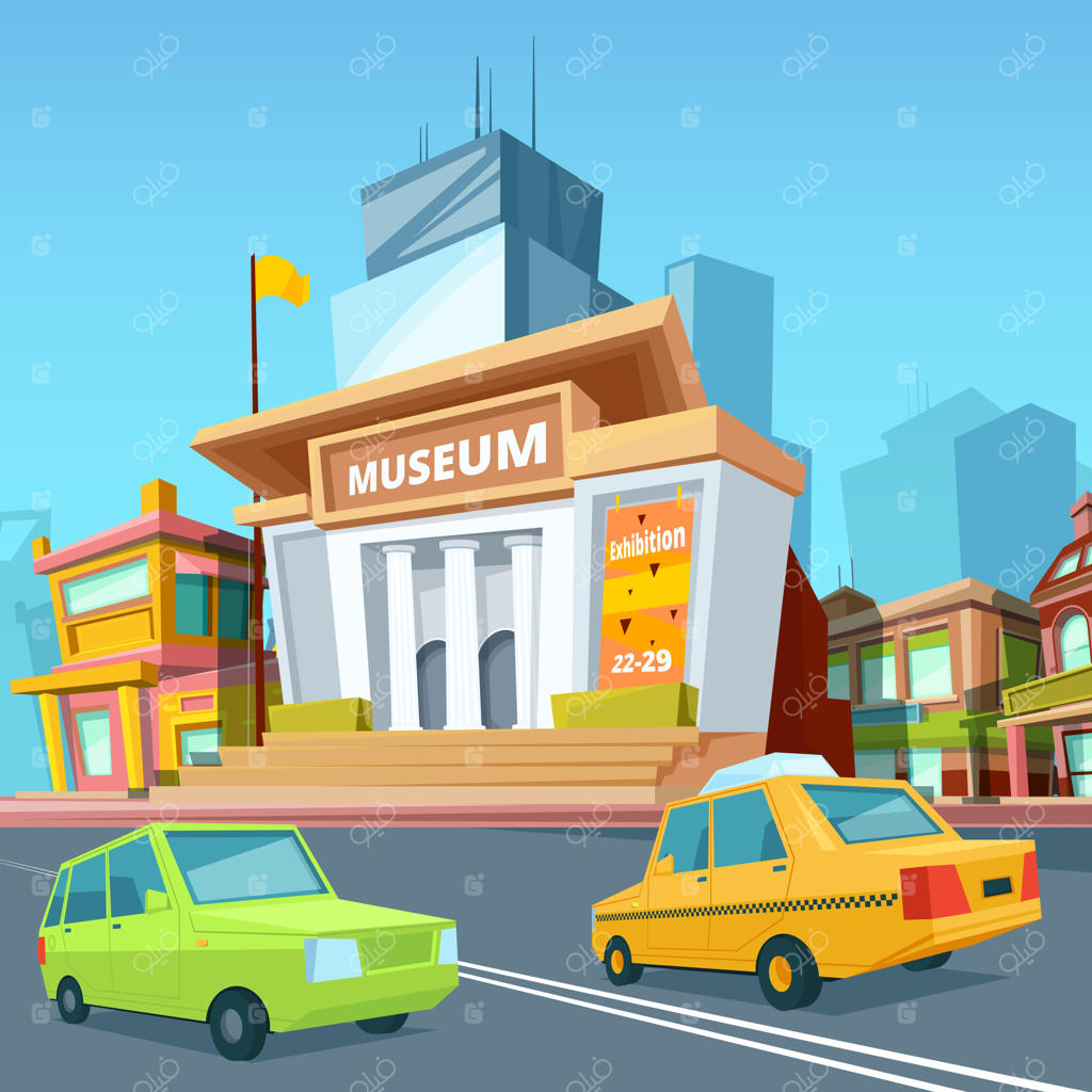 چشم‌انداز شهری با ساختمان‌های متنوع و نمای موزه تاریخی