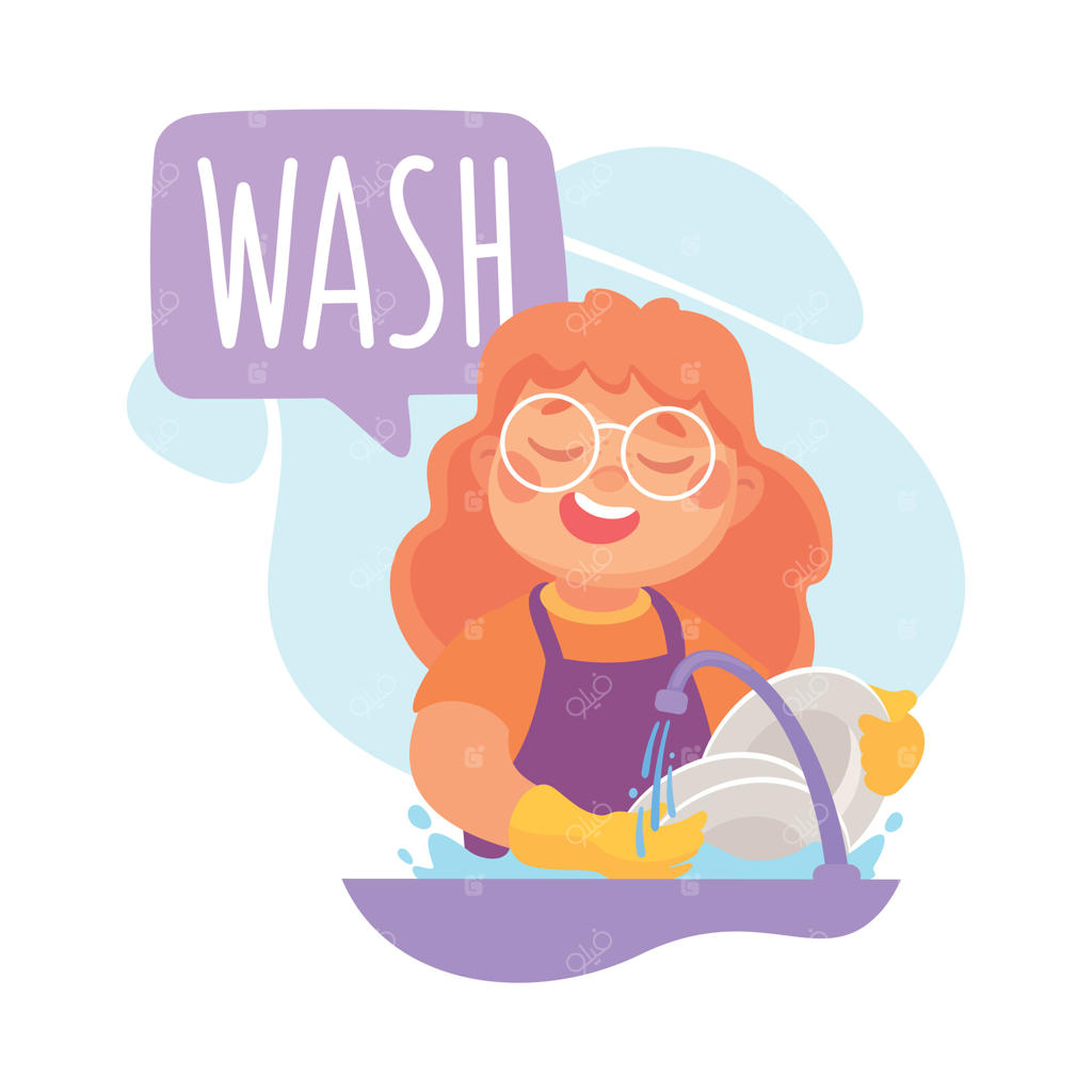 دختر در حال شستن ظرف‌ها در سینک: آموزش افعال با کمک تصویر برای کودکان