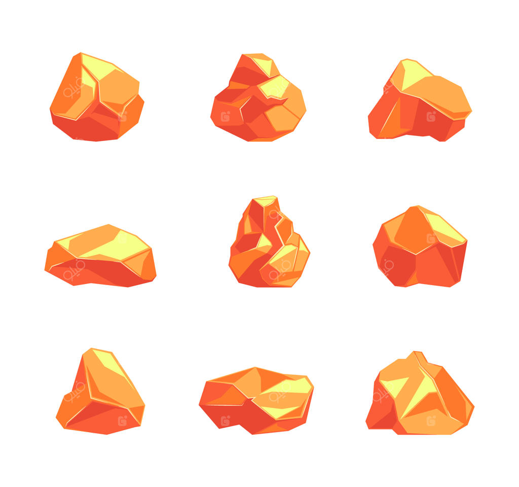 مجموعه ای از تصاویر برداری سنگ‌های طلایی و کریستال‌های طبیعی لوکس در سبک کارتونی با رنگ‌های زرد زرق و برق‌دار