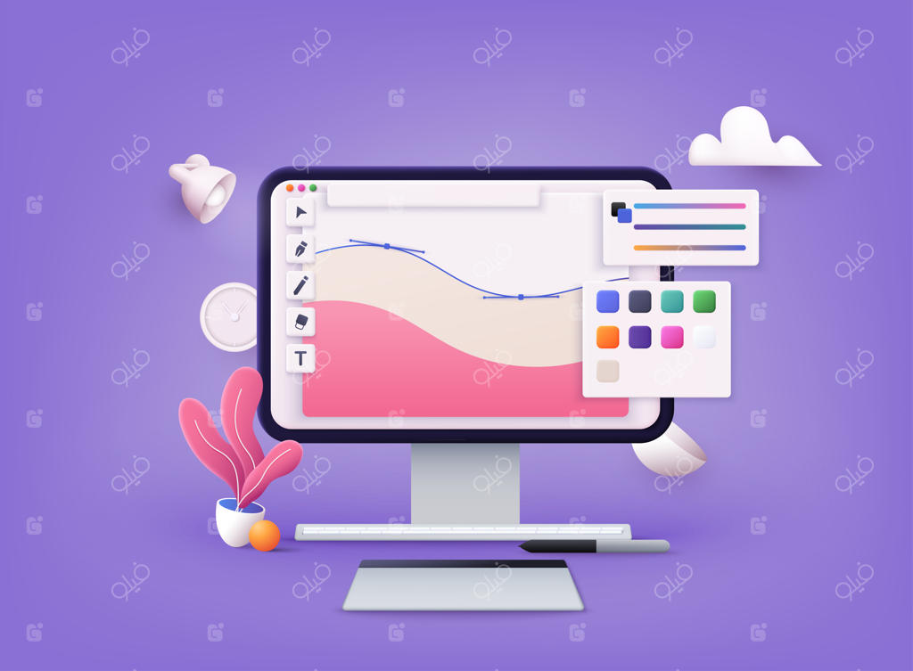 نمایشگر کامپیوتر با نرم‌افزار طراحی وکتور و تصویرسازی‌های سه‌بعدی وب