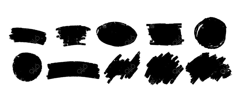 مجموعه‌ای از قلم‌موهای رنگی با سبک گرنج بر روی زمینه سفید. مجموعه‌ای از بافت‌های سیاه با شکل‌های مختلف. تصویر وکتور