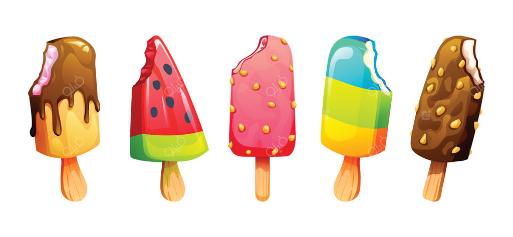 مجموعه بستنی‌های گاززده چوبی با طعم‌های شکلات، هندوانه، توت‌فرنگی و رنگین‌کمان. تصویر کارتونی