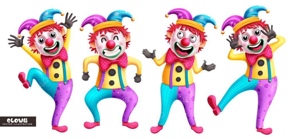 طراحی مجموعه وکتور شخصیت‌های دلقک برای تولد: دلقک، دلقک آکروبات و شخصیت‌های ماسکوت