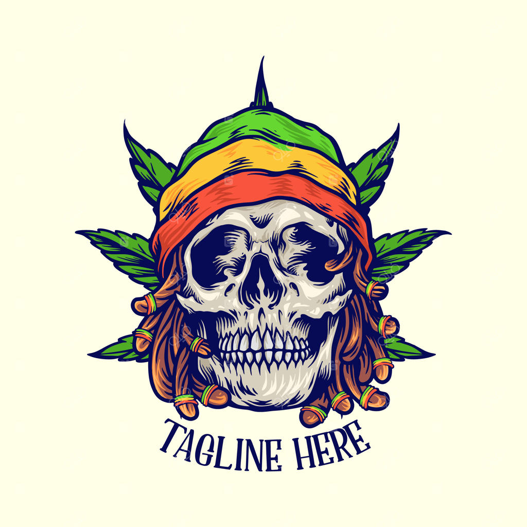 جمجمه راستافاری با موهای بافته و برگ‌های گیاه جامائیکایی - پس‌زمینه هنری