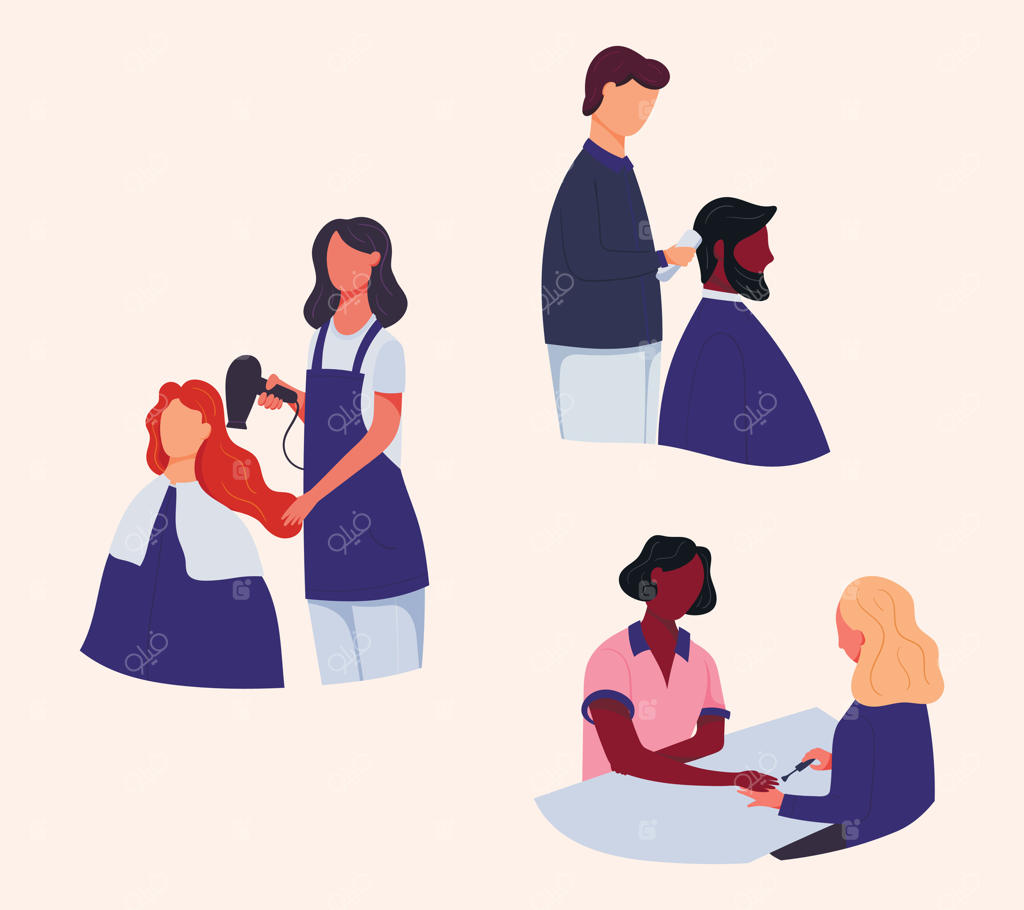 مجموعه‌ای از تصاویر ساده از افراد در سالن زیبایی و صنعت خدمات. آرایشگر با سشوار، مانیکوریست، استاد ناخن و سلمانی با ماشین اصلاح.