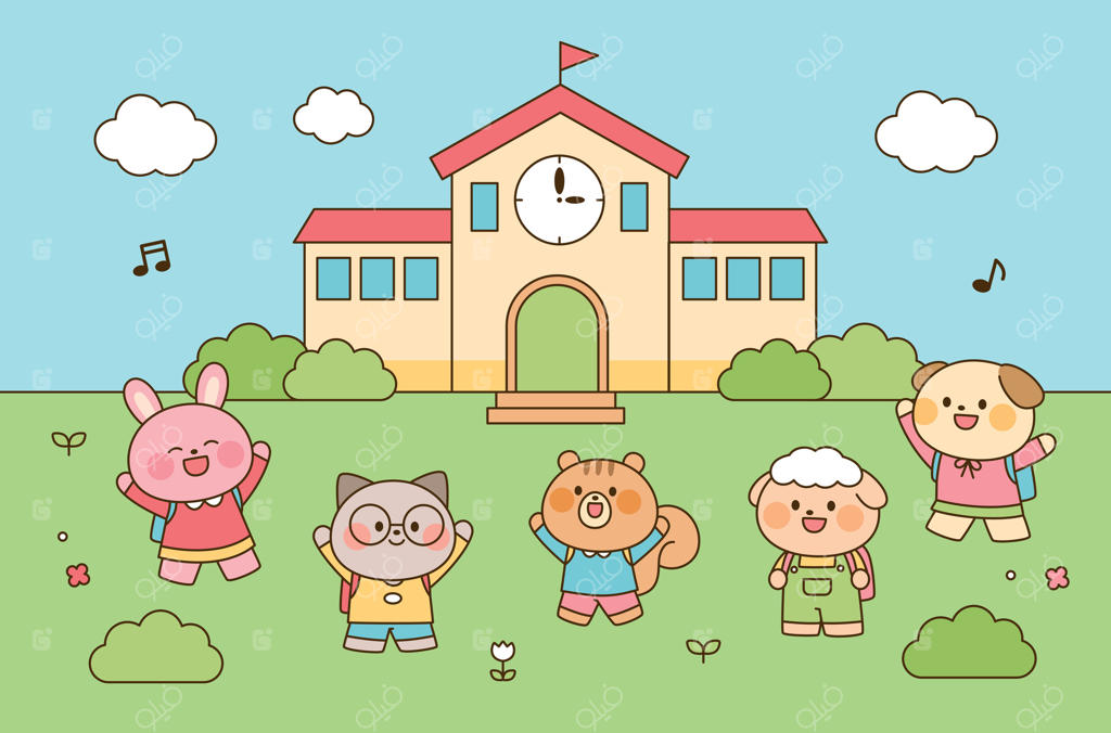 صبح شاد و پرانرژی: بچه‌های حیوانات کارتونی با کوله‌پشتی به مدرسه می‌روند و برج ساعت در پس‌زمینه.