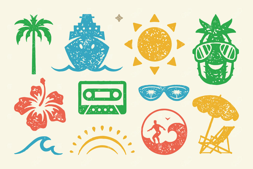 مجموعه‌ای از نمادها و اشیای تابستانی؛ خورشید گرم و درخشان و گل‌های شکوفا