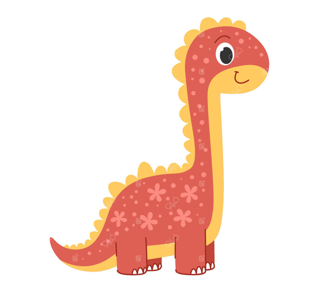 کارتون دایناسور کودکانه: دایناسور قرمز و زرد با گل‌ها. حیوان کوچک ماقبل تاریخ بامزه. تصویرسازی.