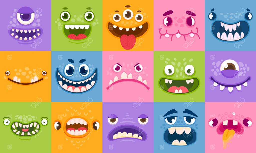 صورت هیولاها. سر هیولاهای کارتونی خنده‌دار، چشم‌ها و دهان‌ها. شخصیت‌های ترسناک برای کودکان. مجموعه احساسات هیولاها یا بیگانگان هالووین. سر شیطان بامزه، تصویرسازی موجودات ترسناک هالووین.