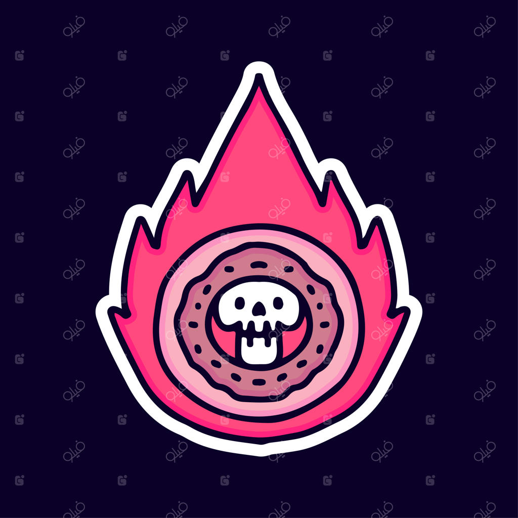 طرح کارتونی جمجمه دوناتی در حال سوختن برای چاپ روی تیشرت، استیکر یا محصولات پوشیدنی.
