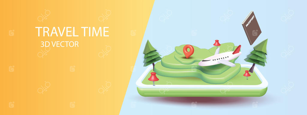 مفهوم زمان سفر در تجارت - تصویرسازی سه‌بعدی، هواپیما در حال پرواز بر فراز نشان‌گر نقشه در فصل تابستان