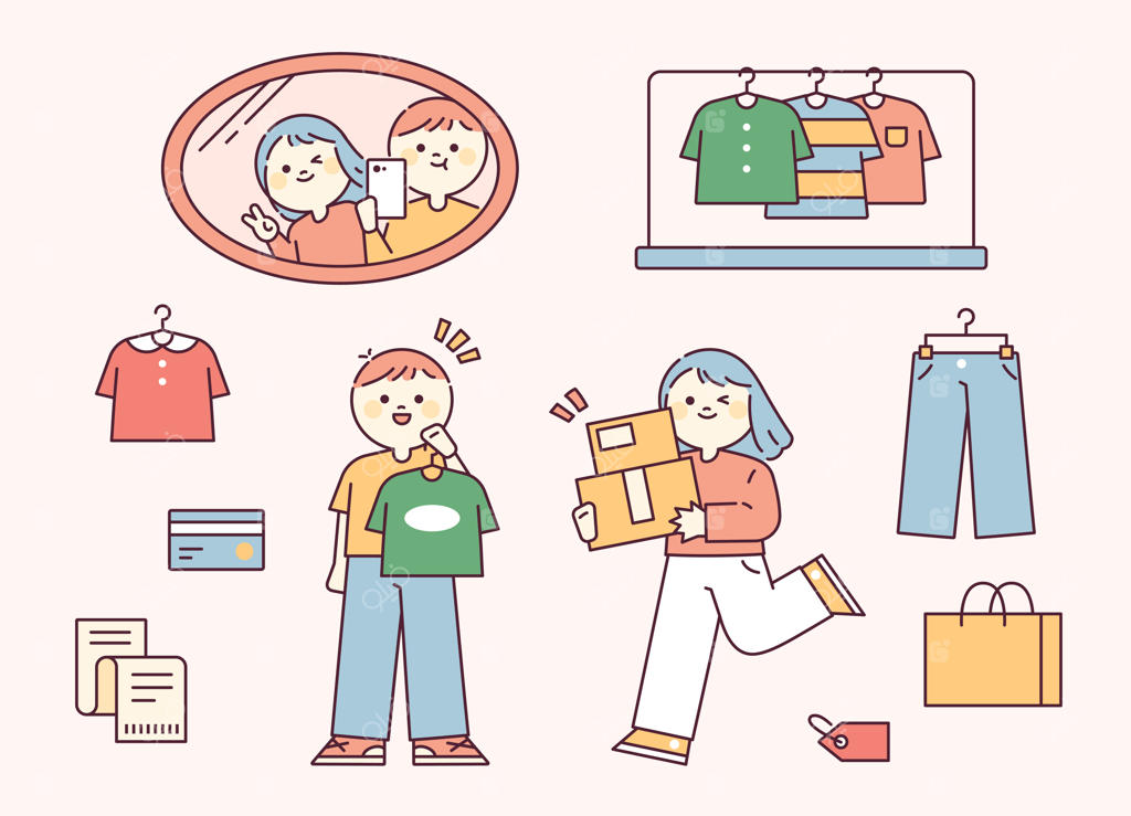 افراد بامزه مشغول خرید لباس هستند و شخصی با جعبه تحویل در حال دویدن است.