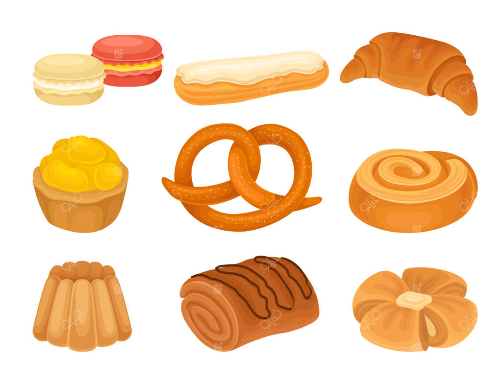 مجموعه‌ای از تصاویر انواع محصولات نانوایی: کروسان، بیسکویت، نان.