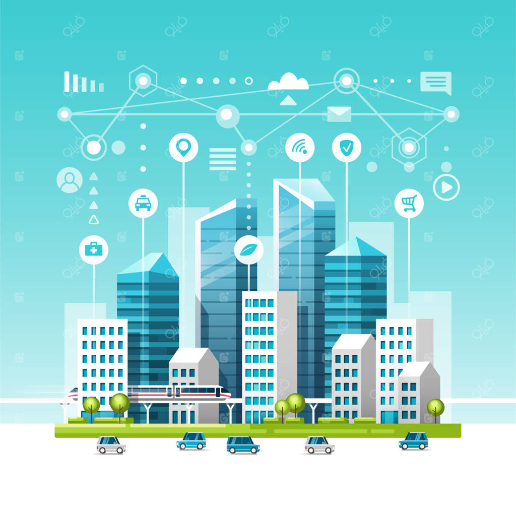 چشم‌انداز شهری با ساختمان‌ها، آسمان‌خراش‌ها و ترافیک حمل‌ونقل. مفهوم شهر هوشمند با نمادهای مختلف.