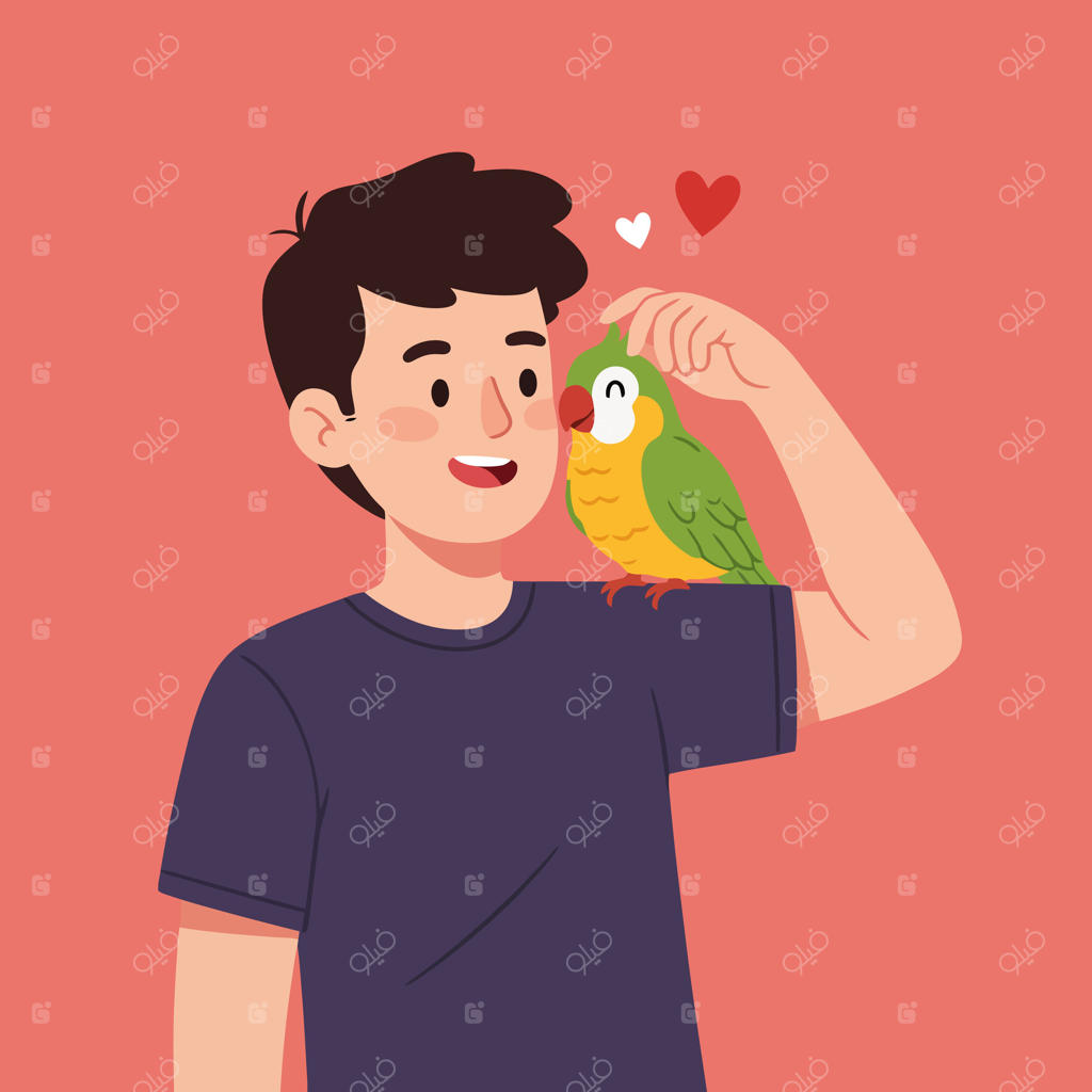 نوازش طوطی روی شانه با قلب‌های در حال پرواز در هوا