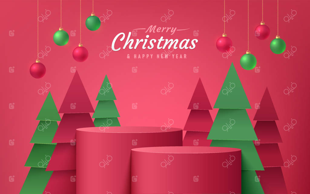 مجموعه سکوی استوانه‌ای سه‌بعدی و انتزاعی قرمز با صحنه‌ای از کریسمس و سال نو مبارک