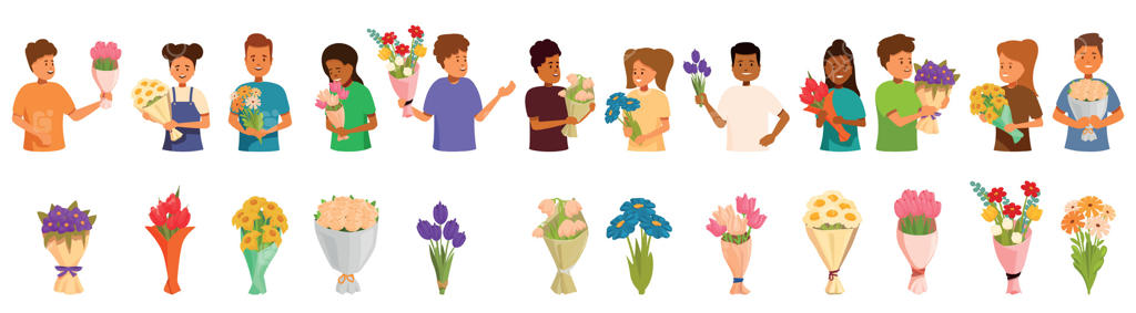 مجموعه آیکون‌های کودک با دسته گل: افراد با دسته‌گل‌های زیبا، گل‌فروش عرضه‌کننده گل‌ها