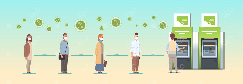 افراد با ماسک در صف عابربانک با فاصله‌گذاری ۲ متری برای جلوگیری از شیوع کووید-۱۹