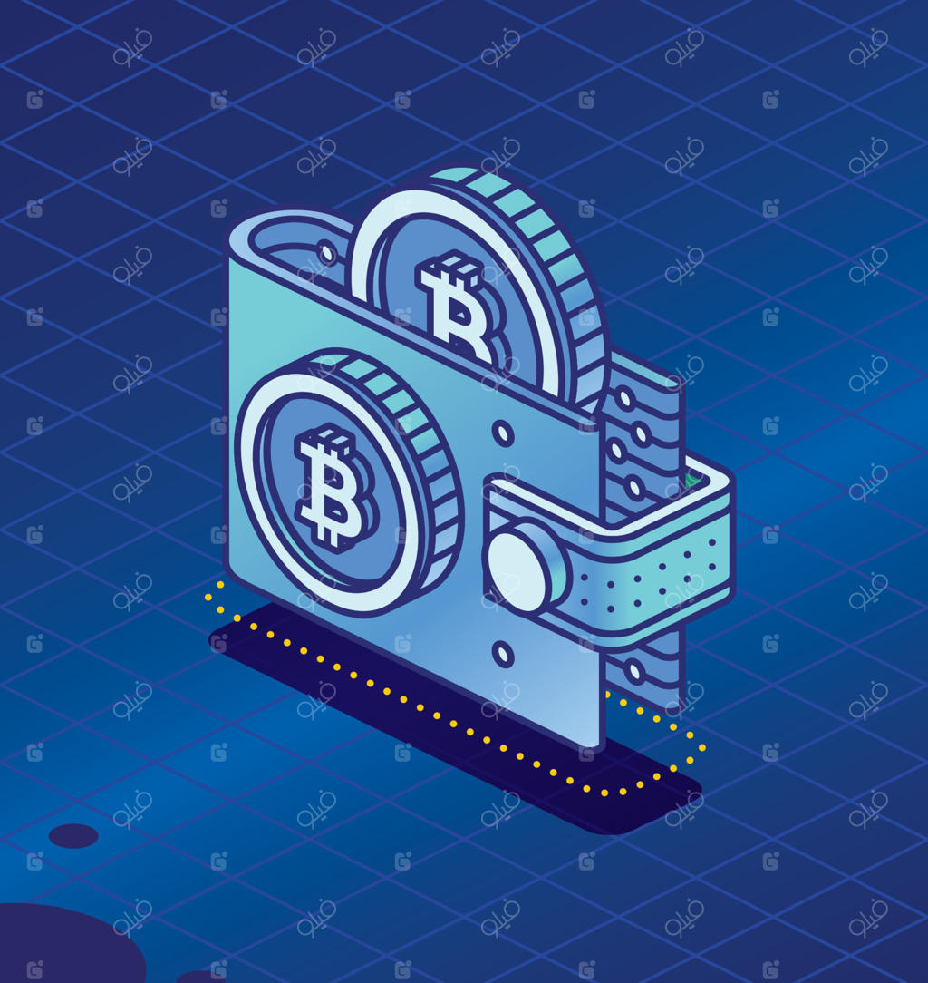 کیف پول دیجیتال ایزومتریک با ارزهای رمزنگاری‌شده: دو بیت‌کوین. نمادی برای اپلیکیشن ذخیره‌سازی ارزهای دیجیتال. فناوری بلاک‌چین.