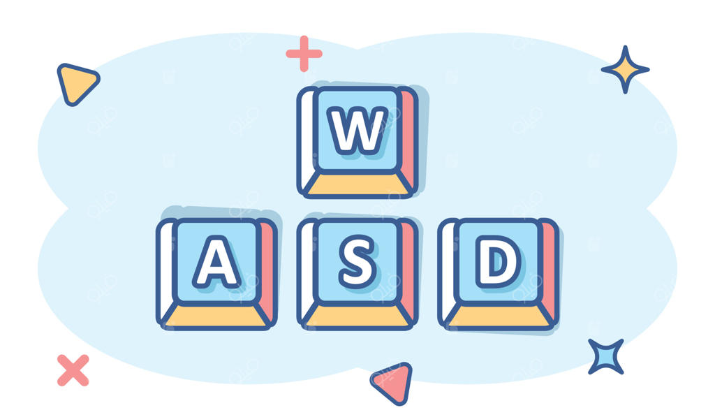 آیکون دکمه Wasd به سبک کمیک. تصویرسازی کارتونی کیبورد با برداری روی پس‌زمینه سفید. مفهوم کسب‌وکار با جلوه اسپورت مجازی.