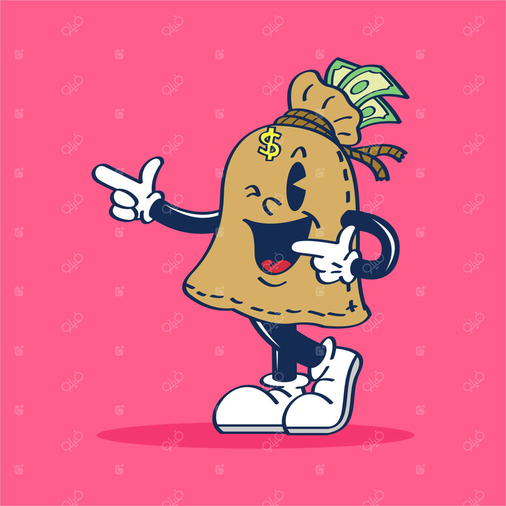 شخصیت کارتونی کیسه پول که به سمت چپ اشاره می‌کند.