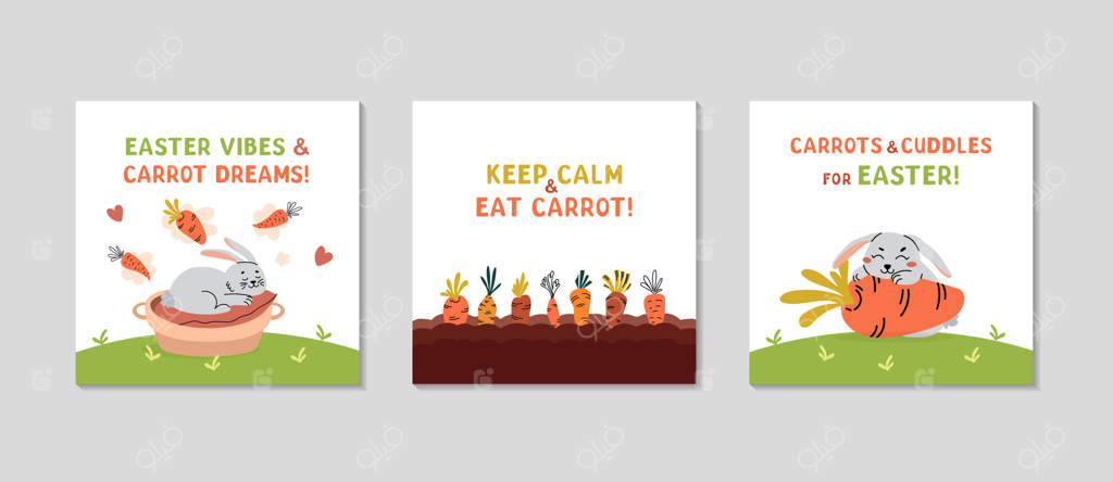 مجموعه کارت‌های تبریک عید پاک: خرگوش در حالت‌های مختلف، در حال خیالپردازی درباره هویج. باغ هویج. پوسترهای بهاری و مربع با نوشته‌های خنده‌دار. مناسب برای شبکه‌های اجتماعی، دعوت‌نامه و تزئینات. تصویرسازی.