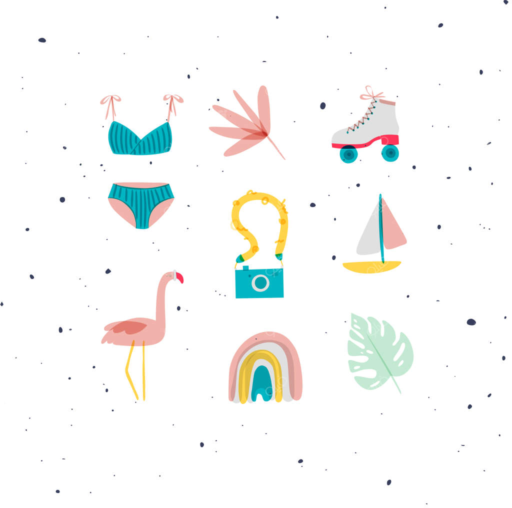 عناصر تابستانی: مایو، برگ، گل، رولر، دوربین، قایق، فلامینگو، رنگین‌کمان، برگ‌های استوایی
