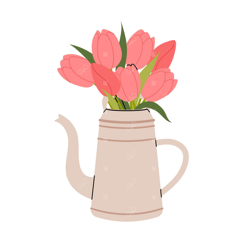 دسته‌ای از گل‌های لاله در قوری تزیینی یا آبپاش باغ. دسته گل‌های بهاری. لاله‌های قرمز. تصویرسازی تخت گل‌ها برای کارت‌ها، دعوت‌نامه‌ها، تبریک‌ها و چاپ‌ها. دکوراسیون داخلی.