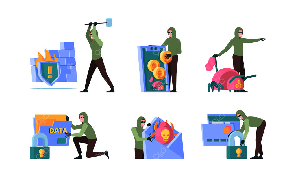 حمله هکرها به نرم‌افزار سرقت اطلاعات: برنامه‌نویسان، کد جرایم سایبری را اصلاح می‌کنند و از اسپم محافظت می‌کنند - تصویرسازی مدرن و گرافیکی به سبک مسطح