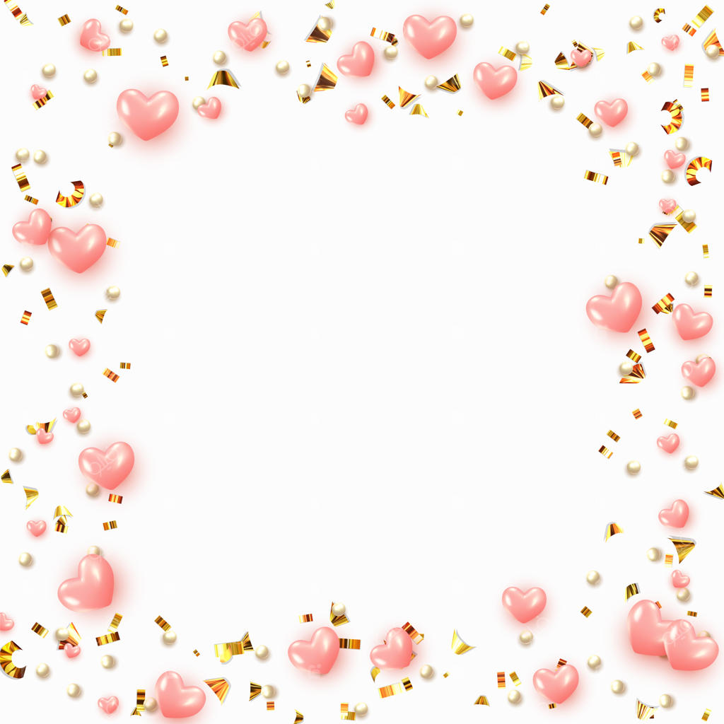 زمینه‌ای با قلب‌های صورتی و مهره‌های گرد آمیخته با کنفتی‌های طلایی.