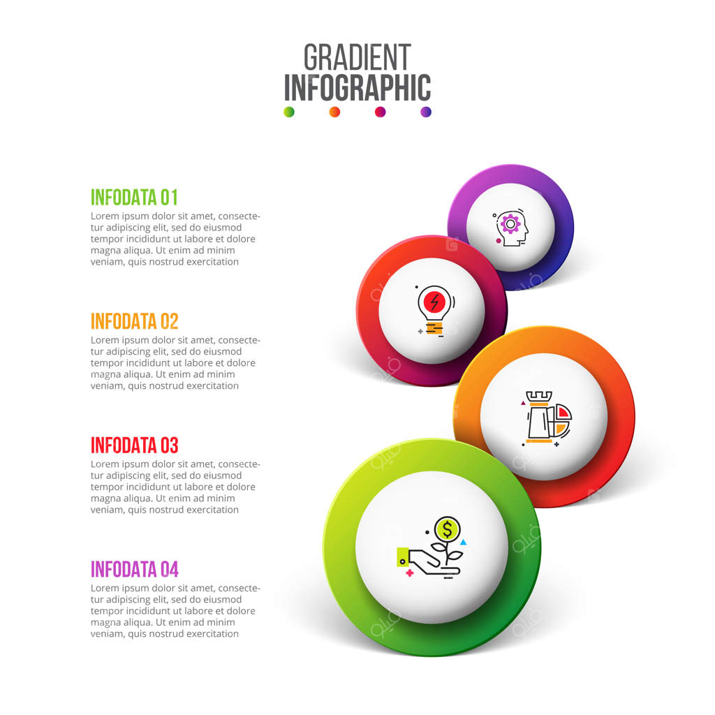 اینفوگرافیک تایم‌لاین برداری با دایره‌ها. قالب ارائه با ۴ مرحله.