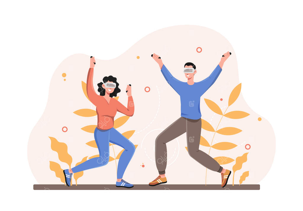 مفهوم بازی‌های واقعیت مجازی: مرد و دختری با عینک‌های مخصوص. کنترل شخصیت بازی با حرکت بدن. تکنولوژی‌های مدرن و وسایل نسل جدید برای تجربه عمیق‌تر. تصویرسازی کارتونی و مسطح.