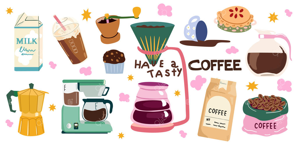 نوشیدنی‌های قهوه با عطر دلپذیر: عناصر نوستالژیک برای منوی کافه و فروشگاه قهوه. دستگاه قهوه‌ساز، دانه‌ها در کاغذ کرافت، لیوان کاغذی، قوری و خوراکی‌های صبحانه. آیکون‌های کلاسیک